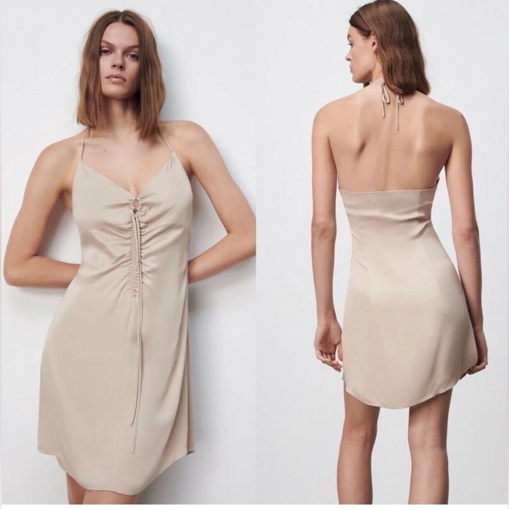 ZARA Ruched Mini Dress Soft Gold Tan Short Tie Neck Strap Silky Sz XS Great Cond